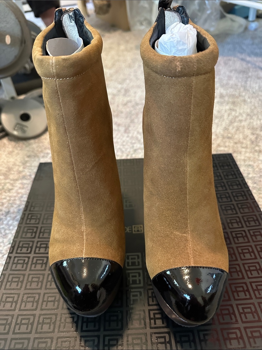 Women’s Tan Suede Ankle Boots with Black Patent Toe
